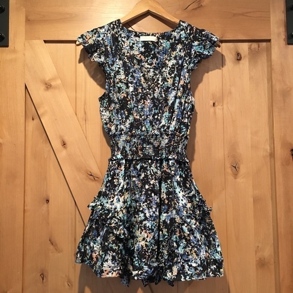 RAMY BROOK Smocked Waist V-Neck Ruffle Mini Dress Blue Size XS - Picture 1 of 9